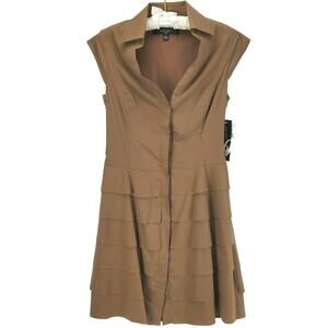 NWT Nine West Ruffle Tiered Shirt Dress Sz 2 Earthy Brown Minimalist Monochrome